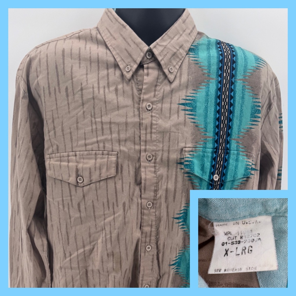 Roper Mens X-Large‎ Button Down Shirt Southwestern Aztec Print Long Sleeve Tan